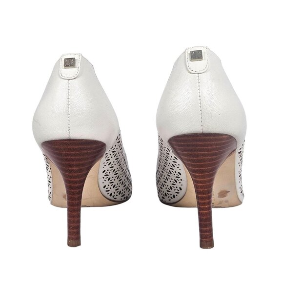 Ivanka Trump Comfy Women Ivory Lazer cut Leather Peep Toe High Heel Pumps 9M - Picture 4 of 15